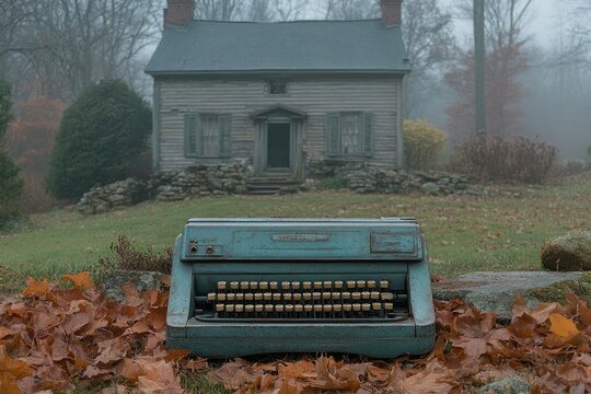 A vintage typewriter sits in front of a rustic rural house