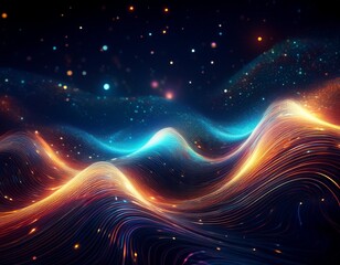 abstract glowing waves and cosmic particles in a dark starry background