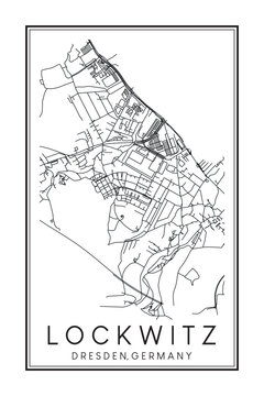 Hand drawn printable downtown road map poster of borough LOCKWITZ MIT KAUSCHA, NICKERN UND LUGA of the German city of DRESDEN on solid white background with city name