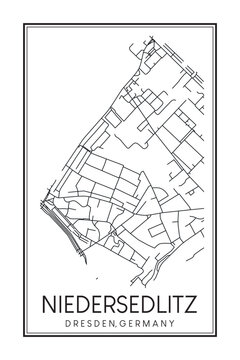 Hand drawn printable downtown road map poster of borough NIEDERSEDLITZ of the German city of DRESDEN on solid white background with city name