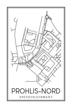Hand drawn printable downtown road map poster of borough PROHLIS-NORD of the German city of DRESDEN on solid white background with city name