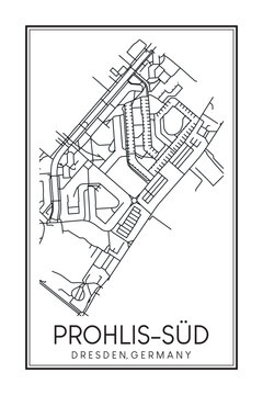 Hand drawn printable downtown road map poster of borough PROHLIS-SÜD of the German city of DRESDEN on solid white background with city name