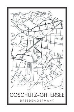 Hand drawn printable downtown road map poster of borough COSCHÜTZ-GITTERSEE of the German city of DRESDEN on solid white background with city name