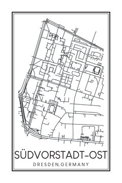 Hand drawn printable downtown road map poster of borough SÜDVORSTADT-OST of the German city of DRESDEN on solid white background with city name