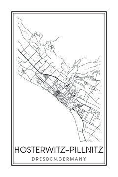 Hand drawn printable downtown road map poster of borough HOSTERWITZ-PILLNITZ MIT NIEDERPOYRITZ, OBERPOYRITZ UND SÖBRIGEN of the German city of DRESDEN on solid white background with city name