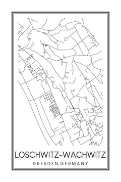 Hand drawn printable downtown road map poster of borough LOSCHWITZ-WACHWITZ of the German city of DRESDEN on solid white background with city name