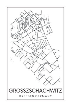 Hand drawn printable downtown road map poster of borough GROSSZSCHACHWITZ MIT SPORBITZ of the German city of DRESDEN on solid white background with city name