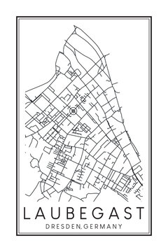 Hand drawn printable downtown road map poster of borough LAUBEGAST MIT ALTTOLKEWITZ of the German city of DRESDEN on solid white background with city name