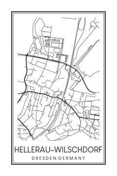 Hand drawn printable downtown road map poster of borough HELLERAU-WILSCHDORF MIT RÄHNITZ of the German city of DRESDEN on solid white background with city name
