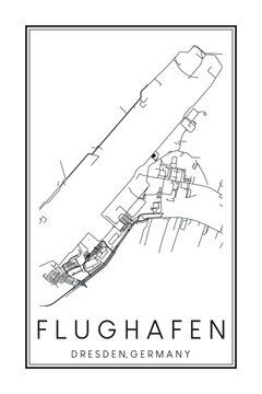 Hand drawn printable downtown road map poster of borough FLUGHAFEN-INDUSTRIEGEBIET KLOTZSCHE of the German city of DRESDEN on solid white background with city name