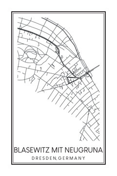 Hand drawn printable downtown road map poster of borough BLASEWITZ MIT NEUGRUNA of the German city of DRESDEN on solid white background with city name