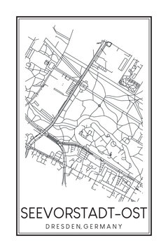 Hand drawn printable downtown road map poster of borough SEEVORSTADT-OST, GROSSER GARTEN MIT STREHLEN-NORDWEST of the German city of DRESDEN on solid white background with city name