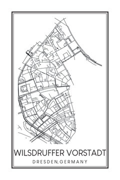 Hand drawn printable downtown road map poster of borough WILSDRUFFER VORSTADT-SEEVORSTADT-WEST of the German city of DRESDEN on solid white background with city name