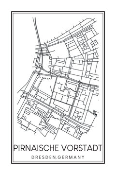 Hand drawn printable downtown road map poster of borough PIRNAISCHE VORSTADT of the German city of DRESDEN on solid white background with city name