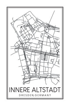 Hand drawn printable downtown road map poster of borough INNERE ALTSTADT of the German city of DRESDEN on solid white background with city name