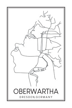 Hand drawn printable downtown road map poster of borough OBERWARTHA of the German city of DRESDEN on solid white background with city name