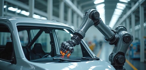Poster - Automated robotic arm installs car windshield in modern automotive factory. High-tech robotic equipment in automobile assembly. Vehicle production, automation, engineering. Tech, industrial.