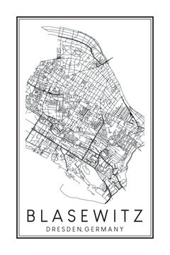 Hand drawn printable downtown road map poster of borough BLASEWITZ of the German city of DRESDEN on solid white background with city name