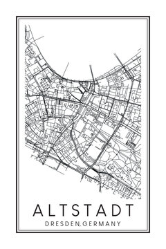 Hand drawn printable downtown road map poster of borough ALTSTADT of the German city of DRESDEN on solid white background with city name