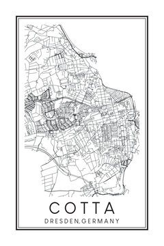 Hand drawn printable downtown road map poster of borough COTTA of the German city of DRESDEN on solid white background with city name