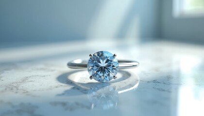 Poster - Elegant solitaire diamond engagement ring on white marble surface. Precious jewelry with round brilliant cut gem. Symbol of love proposal marriage ceremony. Ring reflects light.