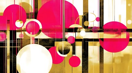 Poster - Abstract Geometric Composition with Circles and Rectangular Elements in Pink and Gold