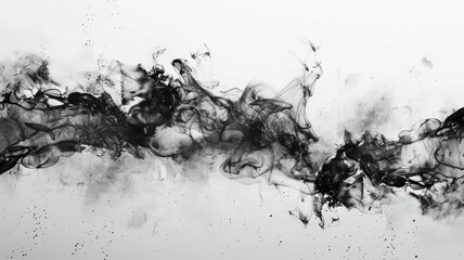 Poster - Abstract black ink swirls on a white background. Digital art for design of black ink chinese brushstroke floating in transparent liquid. Close up black ink splashing and spreading at surface. AIG53.