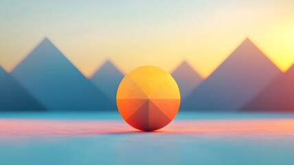 Poster - Orange Geometric Sphere at Sunset with Pyramid Background