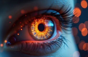 Poster - Illustration of eye with digital data streams, circuits. Futuristic, AI-themed artwork about technology, data analysis. Represents concepts like cybersecurity, big data, neural networks, AI,