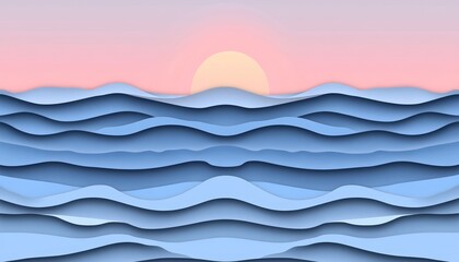 Poster - Abstract Paper Cut Wave Pattern, Tranquil Ocean Scene in Blue and Pink, Minimalist Design Background