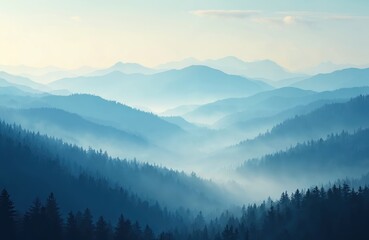 Naklejka na meble Illustration of blue mountains covered in mist. Landscape with fog over mountain peaks. Wallpaper, travel, scenery, nature background. Foggy, misty, winter, forest.