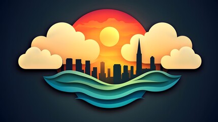 Poster - Paper Art Cityscape at Sunset with Orange and Blue Hues