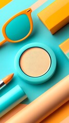 Poster - Pastel Cosmetics Flatlay: Orange and Turquoise Makeup Products