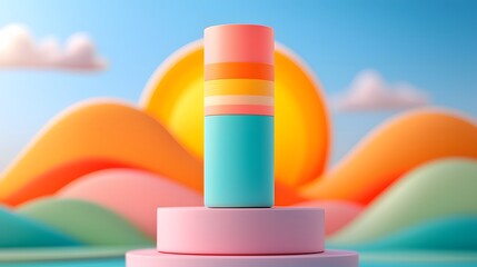 Poster - Pastel Lotion Bottle Mockup on Cylinder Display with Sunrise Background