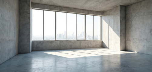 Aufkleber - Modern interior space with concrete walls, floor. Large panoramic window city view, sunlight. Empty room for office, yoga studio, dance hall, gym. Contemporary urban building, architecture.