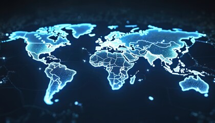 Leinwandbilder - Glowing data matrix connects tech hubs across world, representing global innovation, collaboration. Blue digital illustration cyberspace network, energy, science, web, wave, tech. Modern design.