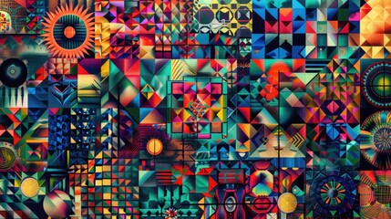 Fototapete - Colorful abstract geometric shapes and patterns. Digital artwork of vibrant color of shape with overlapping style for background. Abstract artwork of colorful shape. Design for poster, print. AIG51.
