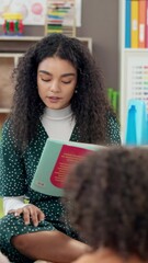 Aufkleber - Classroom, children and teacher with book for reading, storytelling and education for development. Kindergarten, students and kids with educator for literature, fairytale and listening for learning
