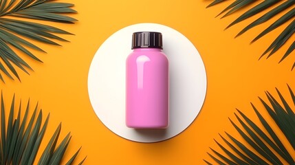 Poster - Pink Bottle on White Circle with Tropical Leaves