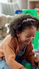 Poster - Kindergarten, girl and happy with blocks for education, creative and cognitive development in class. School, students and child with building toys for learning, motor growth and problem solving skill