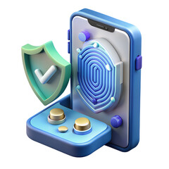 Poster - Secure Mobile Gaming 3D Render of Smartphone with Fingerprint Scanner and Security Shield