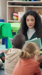 Poster - Kindergarten, students and teacher with book for reading, storytelling and education for development. School, children and educator in classroom for literature, fairytale and listening for learning