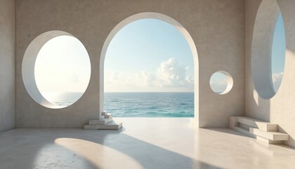 Poster - Minimalist interior with sea view through arched window. Modern architecture design, white concrete walls. Round windows frame ocean horizon. Empty room, bright day sky, minimalistic style, light,