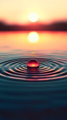 Poster - Red Water Drop Creating Ripples on a Calm Lake at Sunset