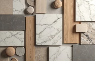 Poster - Luxury interior design material sample moodboard. Surfaces marble wood decor home decoration. Elegant stylish texture pattern modern design inspiration. New trendy home decor.