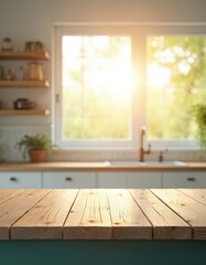 Poster - Empty wooden table with sunny bright blurred kitchen background. Product display, food presentation, space for text, promotion, advertisement. Wooden planks surface, wood texture. Modern interior