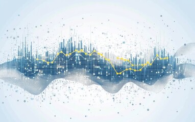 Wall Mural - Abstract financial data visualization.  City skyline overlaid with fluctuating market trend data.  Dynamic waves of information illustrate complex market forces