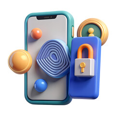 Poster - 3D Render of Smartphone with Fingerprint Scan and Padlock, Representing Mobile Security and Privacy