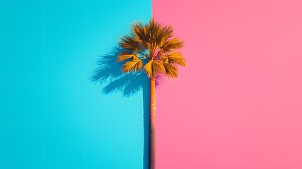 Poster - Single Palm Tree Against a Split Blue and Pink Background