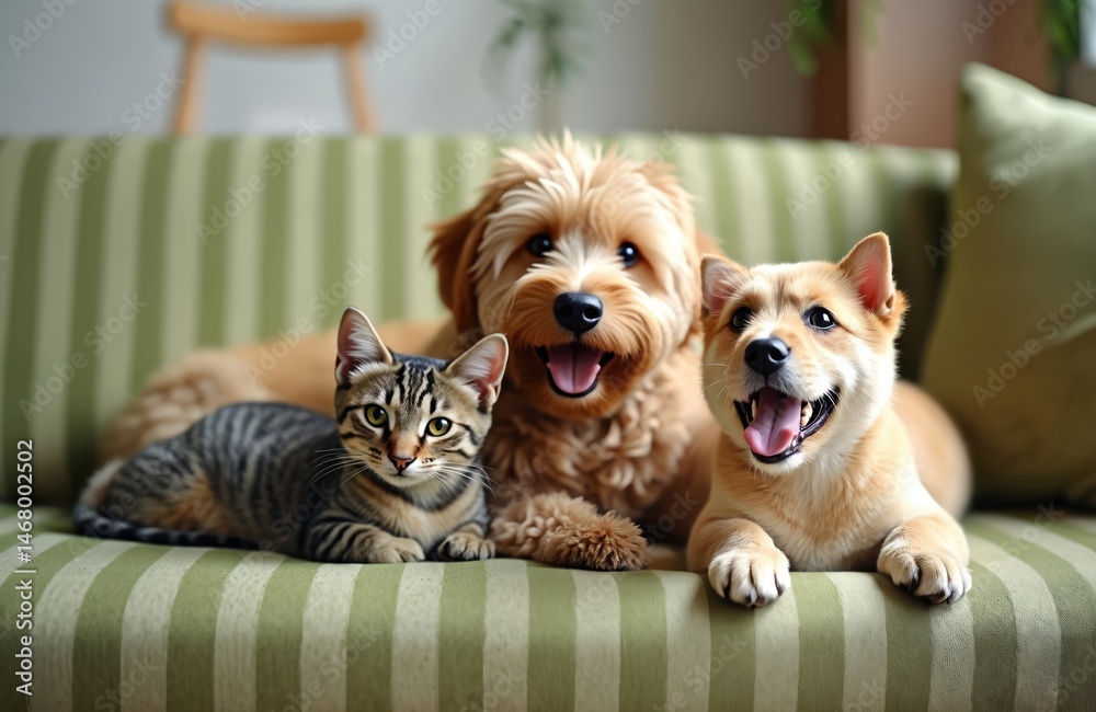 Playful dog cat friends lie on sofa. Domestic pets puppy kitty together at home. Smiling, happy animals friendly relations, fun time. Cozy home apartment, indoor.